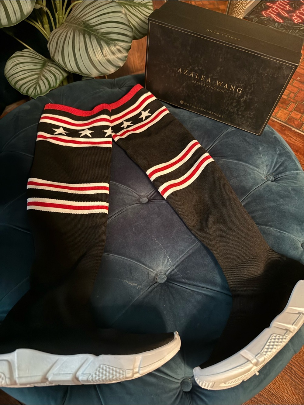 Azalea Wang Black Star-Striped Over-the-Knee Sneaker Boots